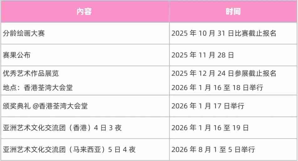Festival schedule table listing key dates from the October 2025 entry deadline through the January and August 2026 exchange delegations