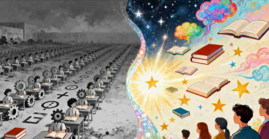 Split illustration contrasting grey rows of children at identical desks among gears and geometric shapes with a vivid starry sky filled with books and rainbow clouds, symbolizing the shift from standardized education to creative freedom