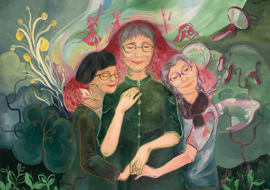 Painting of three women embracing tenderly, surrounded by dreamlike red silhouettes of dance, art and achievement