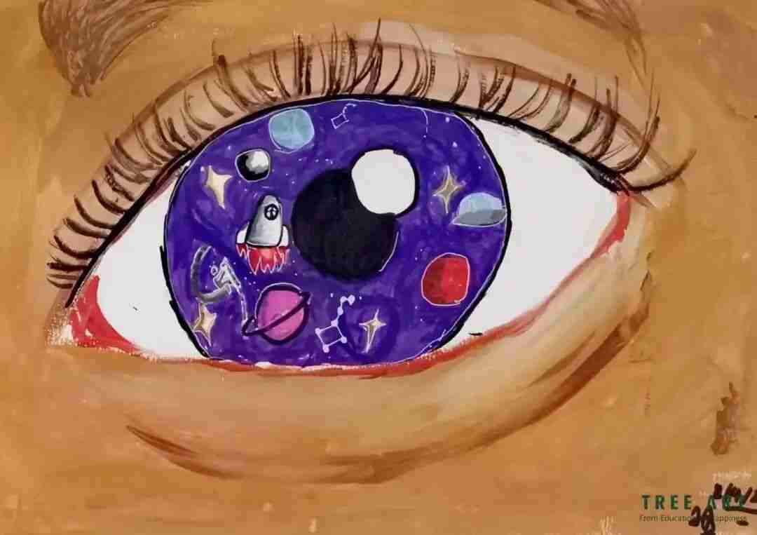 Children's paintings displayed together in a TreeArt classroom