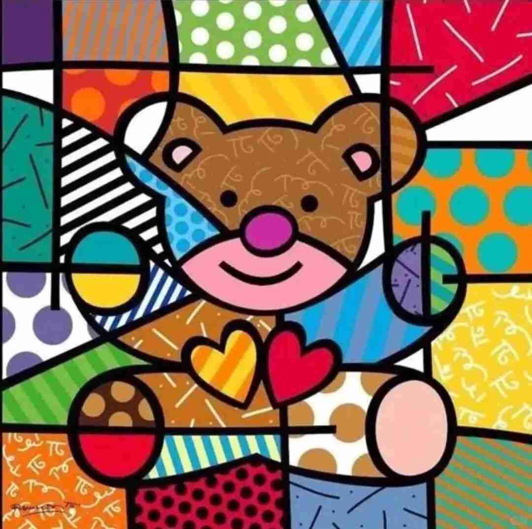 Britto's patchwork teddy bear holding two hearts