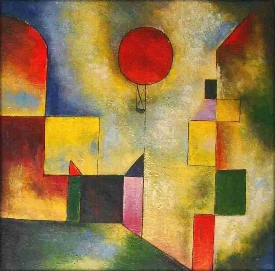 Paul Klee's painting Red Balloon, a childlike cityscape of simple shapes with a red balloon floating above