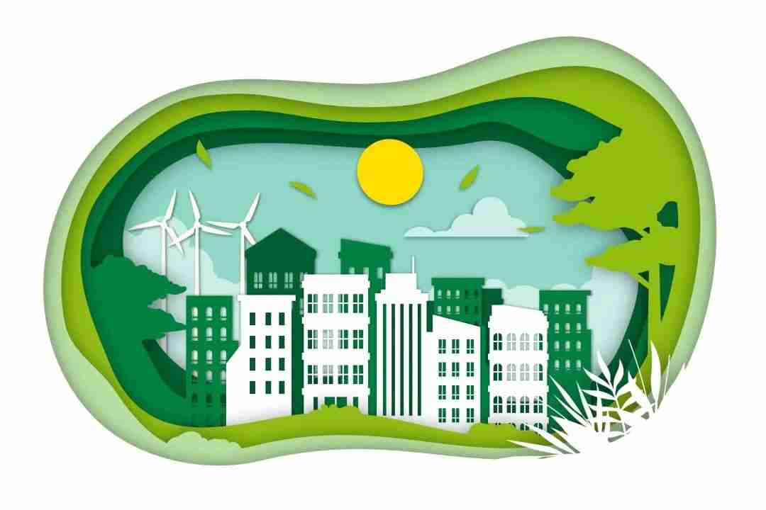 Illustration of a green sustainable city with wind turbines, buildings, and trees, symbolizing the event's sustainability theme