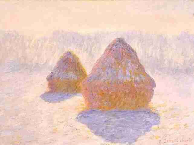Claude Monet's Haystacks painting under a pale winter sky