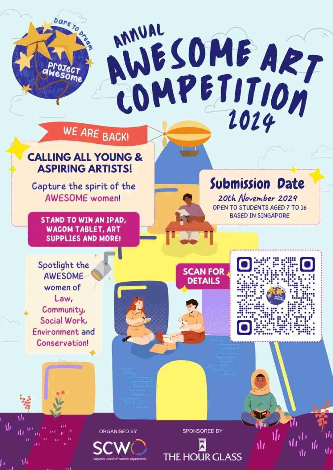 Poster for the Annual AWESOME Art Competition 2024, calling young artists aged 7 to 16 to capture the spirit of Singapore's Awesome women