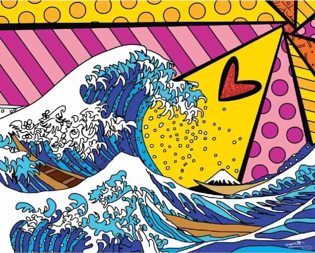 Britto's pop-art reinterpretation of Hokusai's Great Wave with a red heart