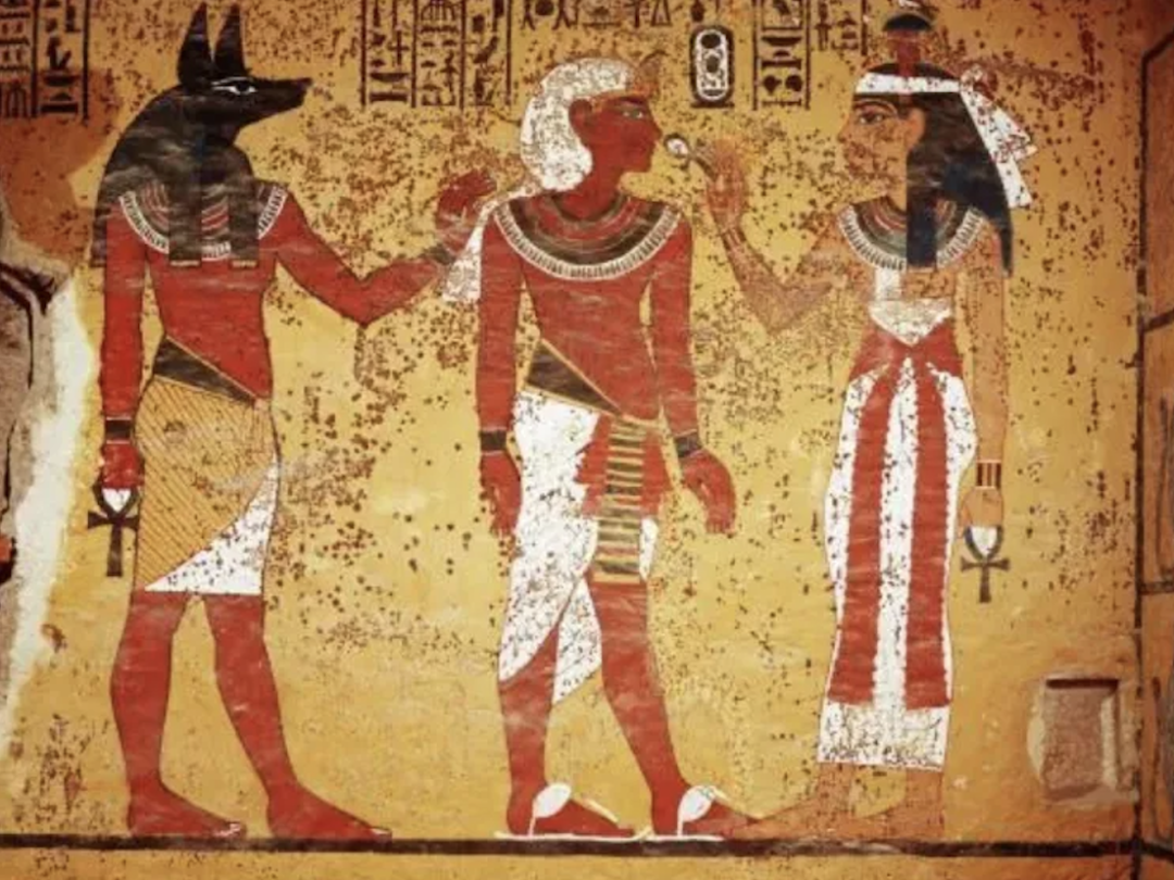 Ancient Egyptian tomb wall painting showing figures in draped linen garments
