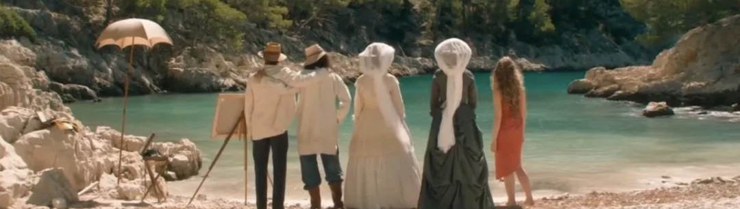 Illustration of artists in vintage attire painting at easels on a beach beside a turquoise cove
