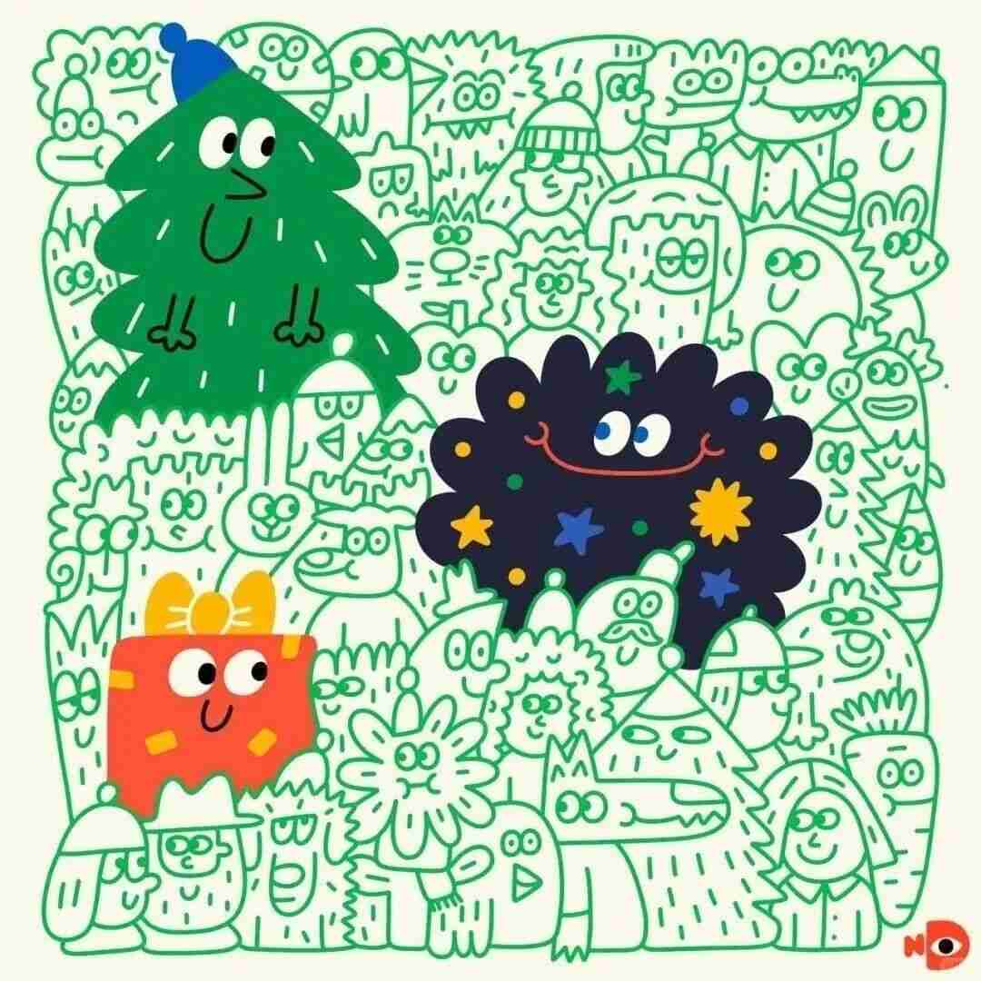 Brightly colored illustration by Nina Dzyvulska filled with round, wide-eyed characters