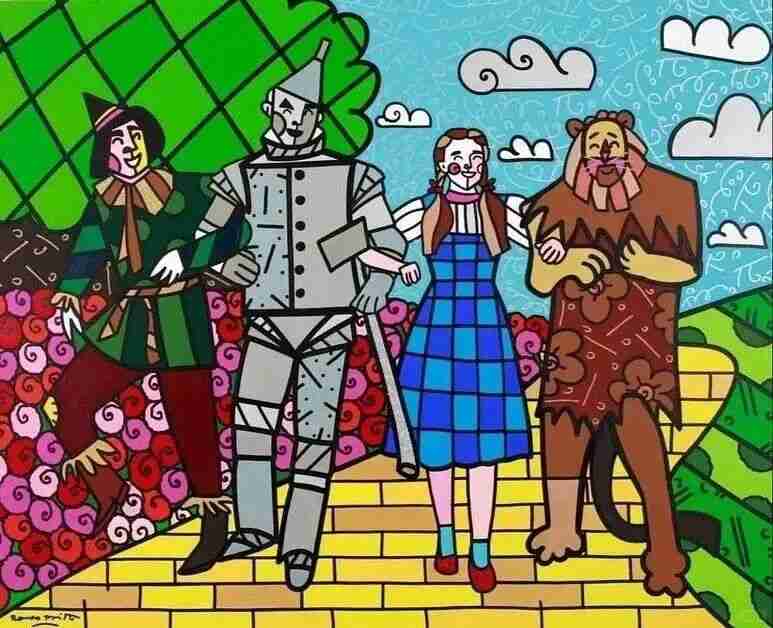 Britto's pop-art Wizard of Oz characters walking the yellow brick road