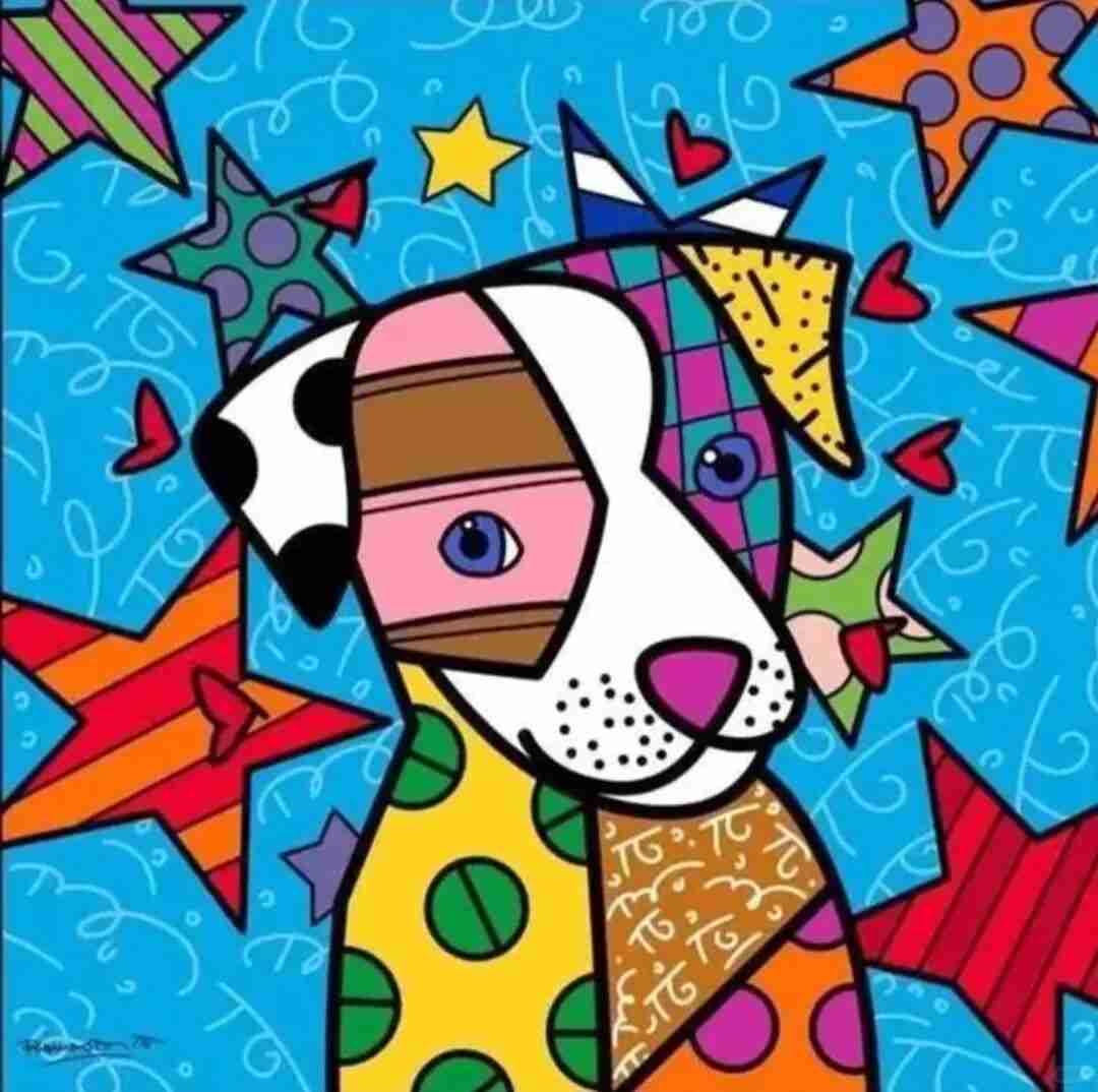 Britto painting of a patchwork dog surrounded by stars and hearts