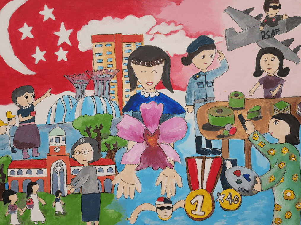 Colourful painting collaging Singapore landmarks, an RSAF plane, a swimmer and a gold medal around a woman holding an orchid, celebrating several Awesome women