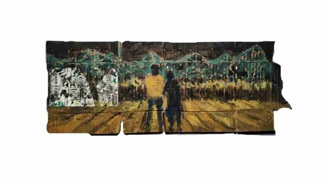 Li Fang's watercolor artwork on packaging paper, titled ‘People and People’ (人和人), 70 x 30 cm