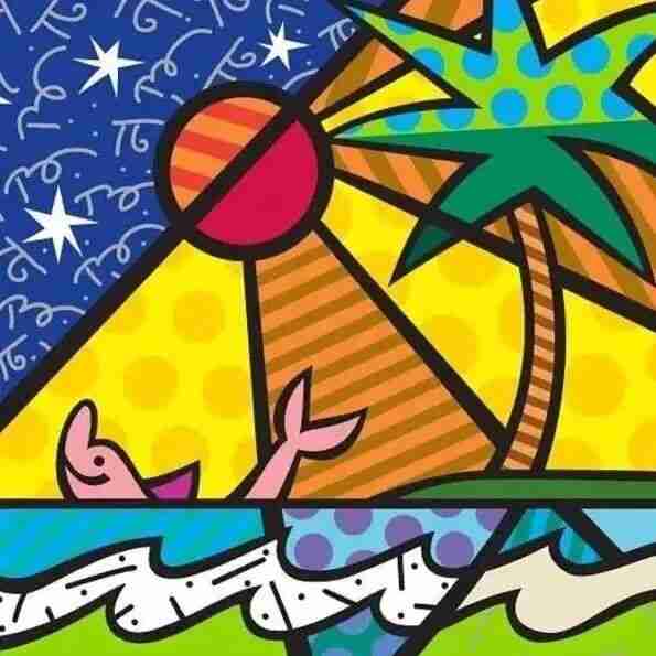 Britto beach scene with a striped sun, palm tree and leaping dolphin