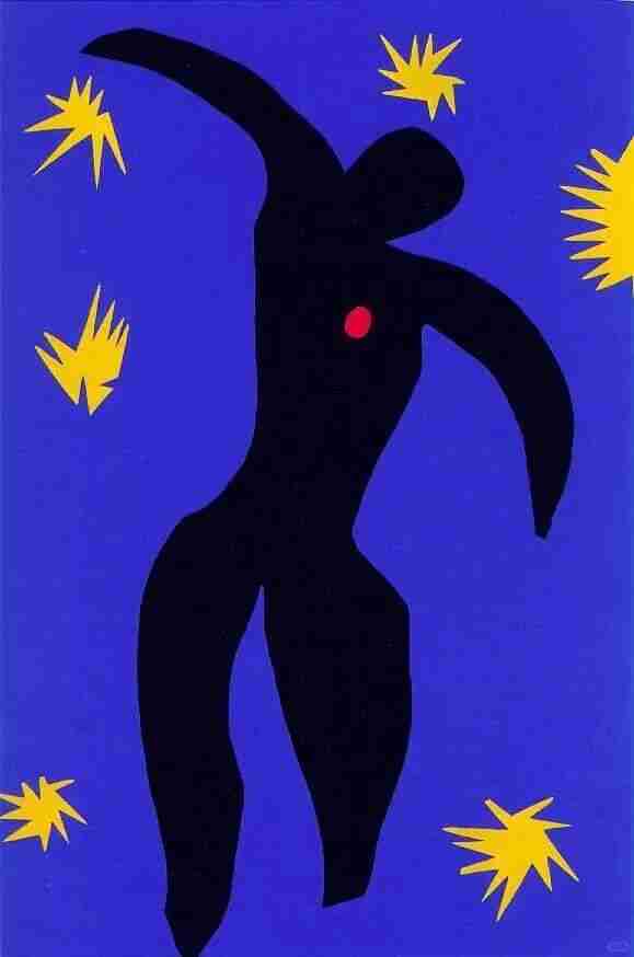 Henri Matisse's cut-out artwork Icarus, showing a falling silhouette against a starry blue background