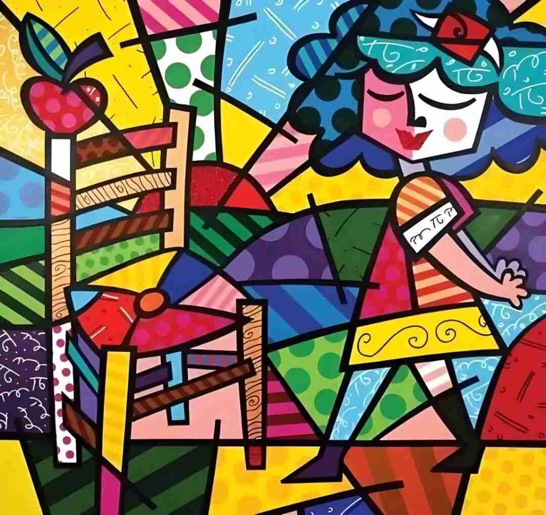 Britto painting of a girl with an apple beside a chair, in bold patchwork colours