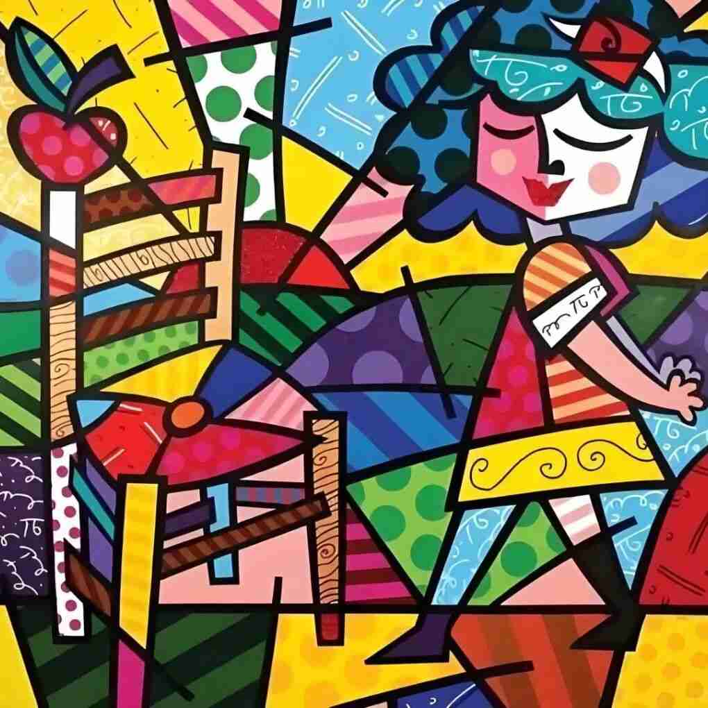 Britto painting of a girl with an apple beside a chair, in bold patchwork colours