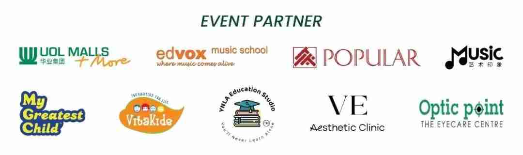 Grid of event partner logos, including UOL Malls, edVox Music School, Popular, My Greatest Child, VitaKids, YNLA Education Studio, VE Aesthetic Clinic, and Optic Point