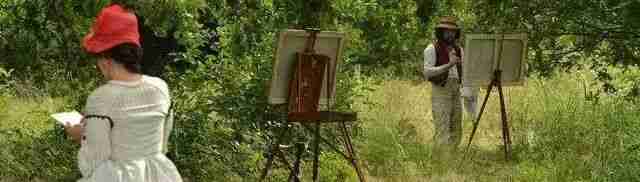 Illustration of two painters with easels sketching outdoors in a sunlit garden