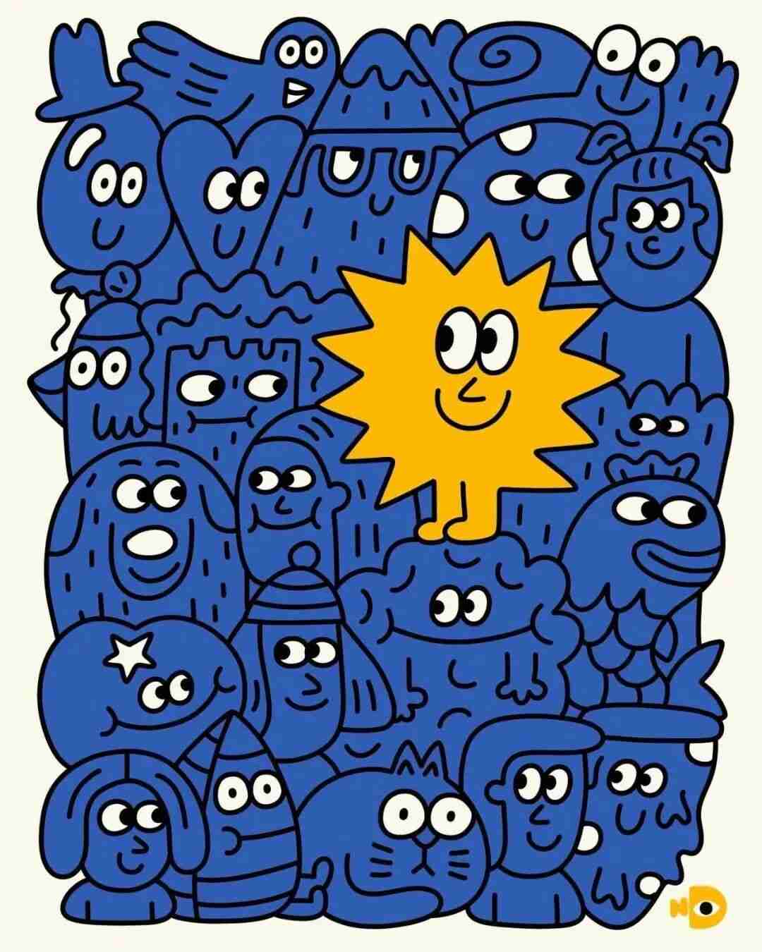 Illustration by Nina Dzyvulska in monochrome blue with a glowing orange star, from her wartime-inspired series