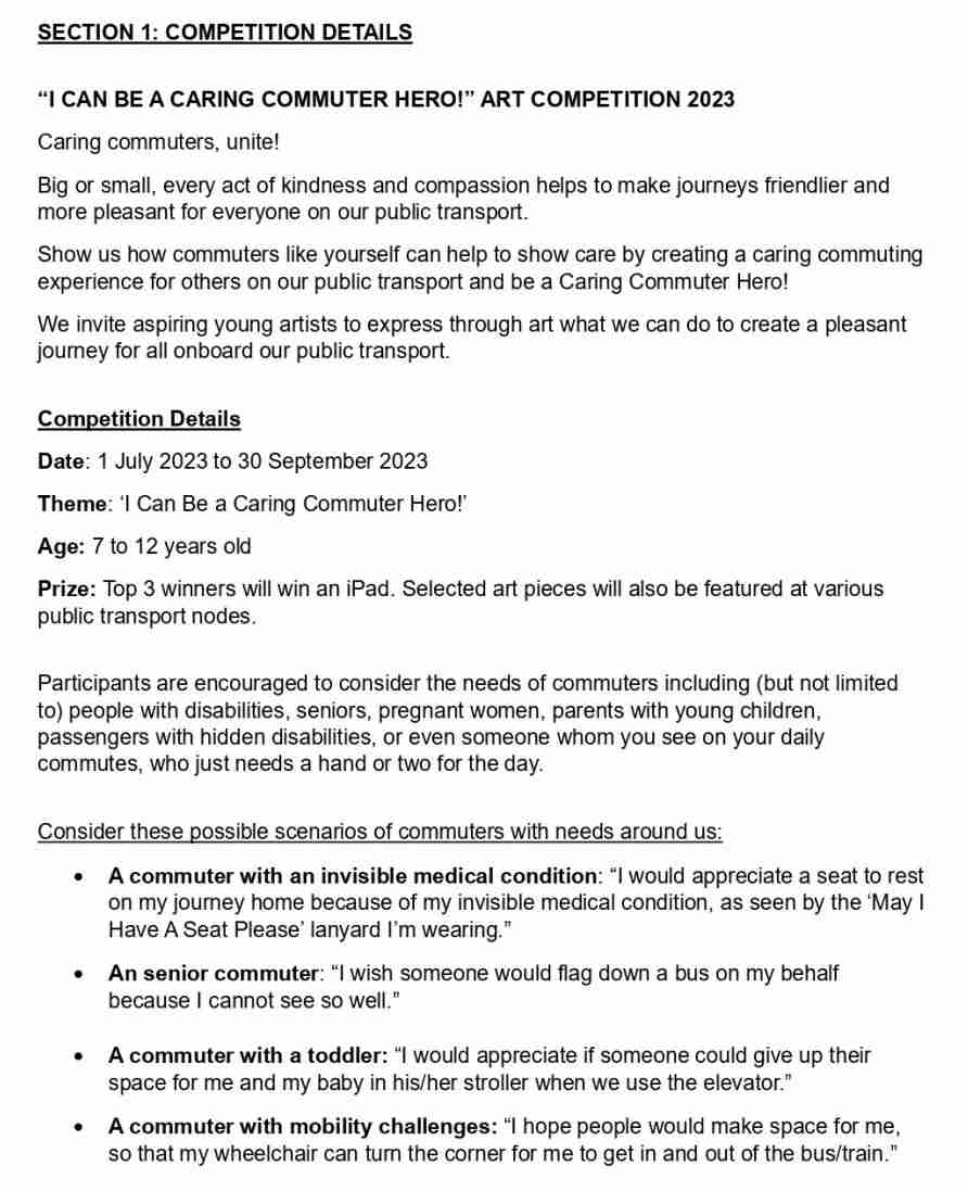 Scanned page of Section 1: Competition Details, outlining the theme, age group, dates, prizes, and example commuter scenarios for entrants to consider