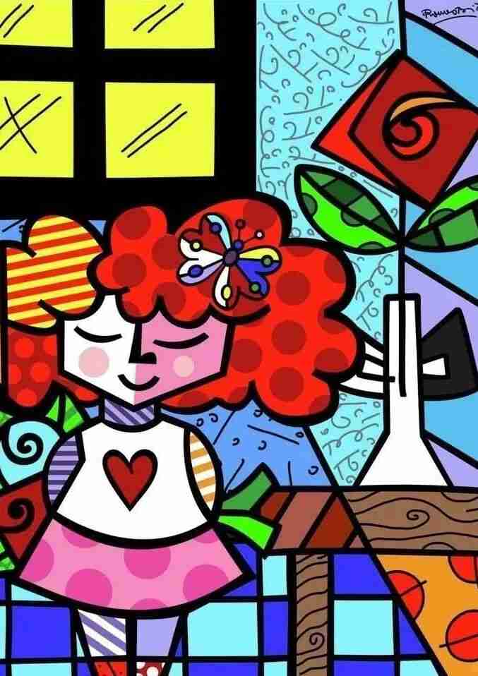 Britto painting of a red-haired girl with a butterfly in her hair beside a flower
