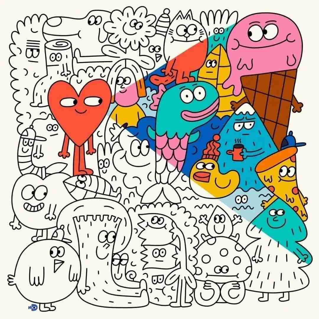 Digital illustration by Nina Dzyvulska with bright color blocks and playful figures