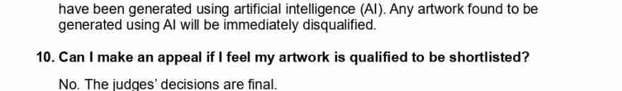 Scanned FAQ page stating that AI-generated artwork will be disqualified and that the judges' decisions on shortlisting are final