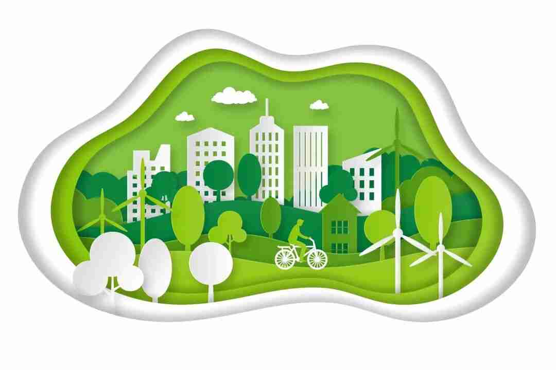 Illustration of a green sustainable city with wind turbines, trees, and a cyclist, symbolizing the event's sustainability theme