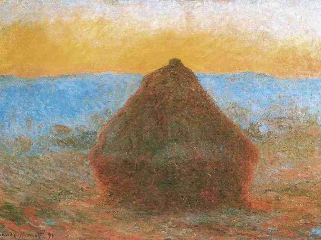 Claude Monet's Haystacks painting in golden evening light