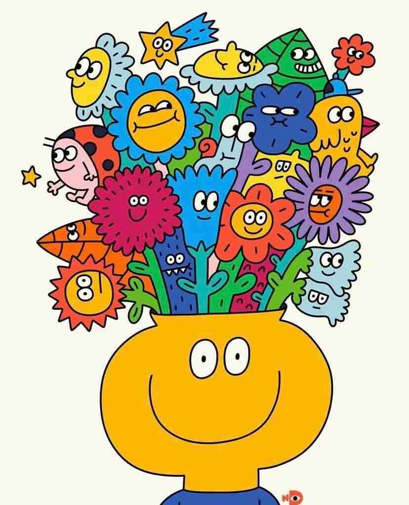 Illustration by Nina Dzyvulska of a smiling face with a bouquet of whimsical flower and creature characters blooming from its head