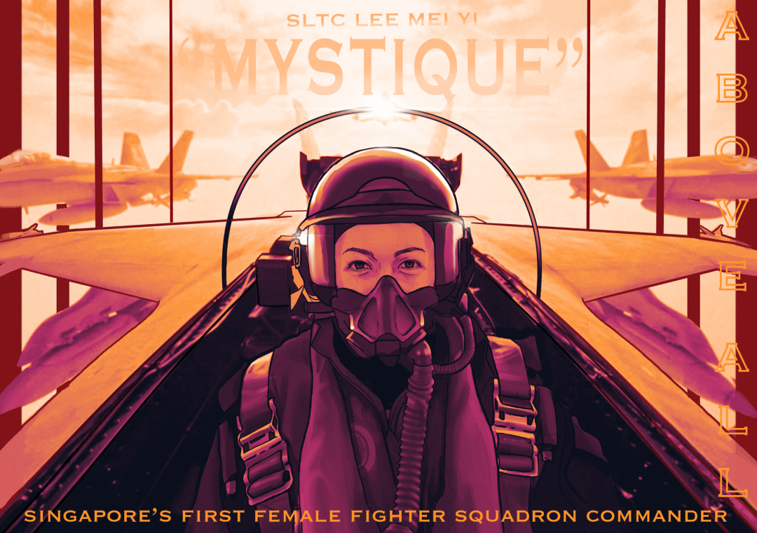 Artwork titled Mystique honouring SLTC Lee Mei Yi, Singapore's first female fighter squadron commander, shown in flight gear before fighter jets