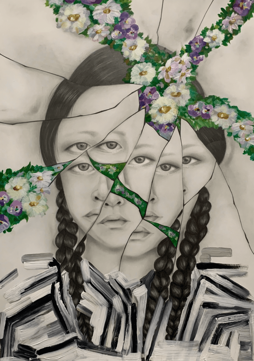 Award-winning artwork of a fractured, mirrored self-portrait crowned with painted flowers, from a previous AWESOME Art Competition
