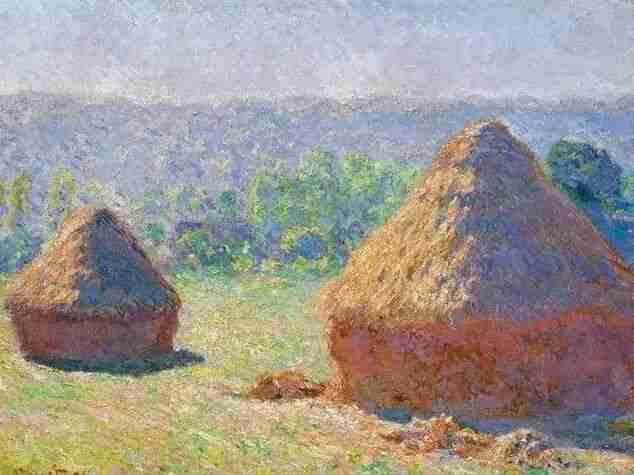 Claude Monet's Haystacks painting, capturing sunlight and shadow on a summer field