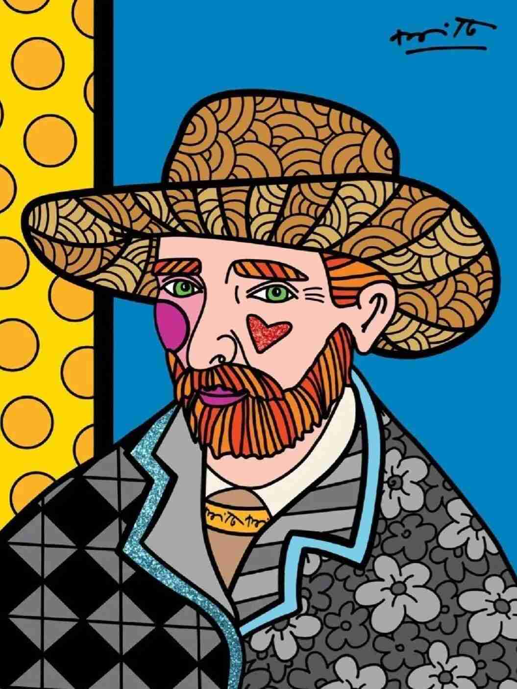 Britto's pop-art reinterpretation of Van Gogh's self-portrait with straw hat