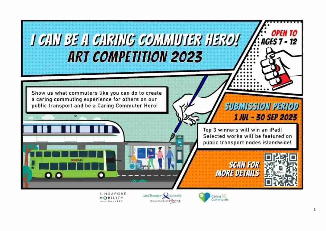 Poster for the "I Can Be a Caring Commuter Hero!" Art Competition 2023, open to ages 7-12, with a submission period of 1 July to 30 September 2023 and an iPad as the top prize