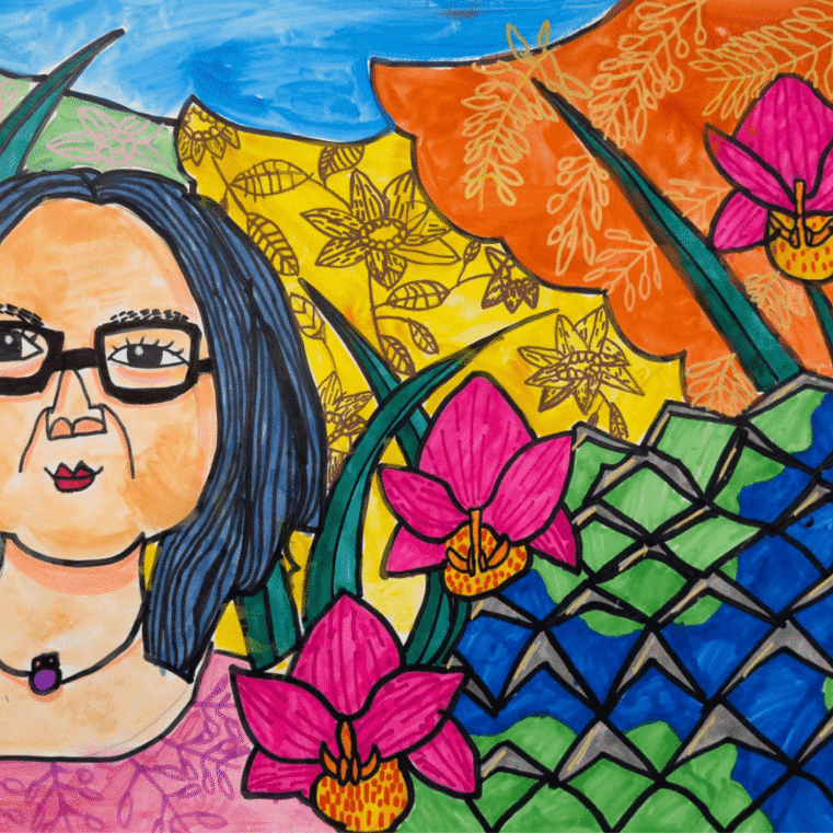 Marker artwork of a woman's self-portrait framed by pink Vanda Miss Joaquim orchids and patterned botanical backgrounds
