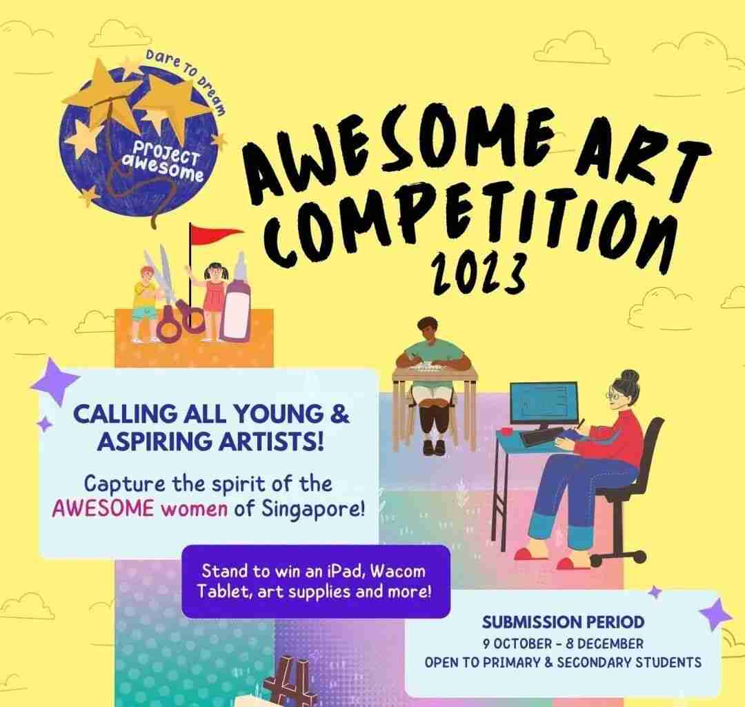 AWESOME Art Competition 2023 poster calling young artists to capture the spirit of inspiring Singapore women, with submission period and prize details