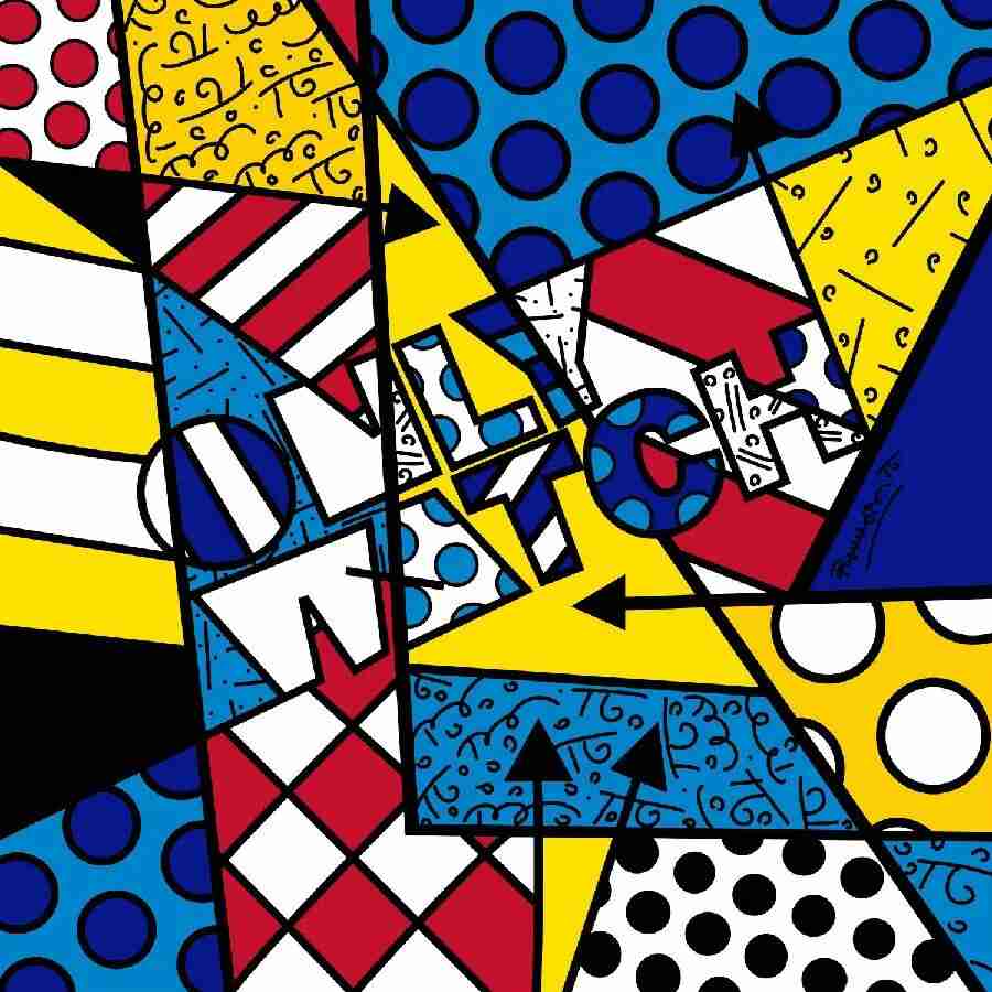 A geometric Britto abstract of arrows and patterned colour blocks