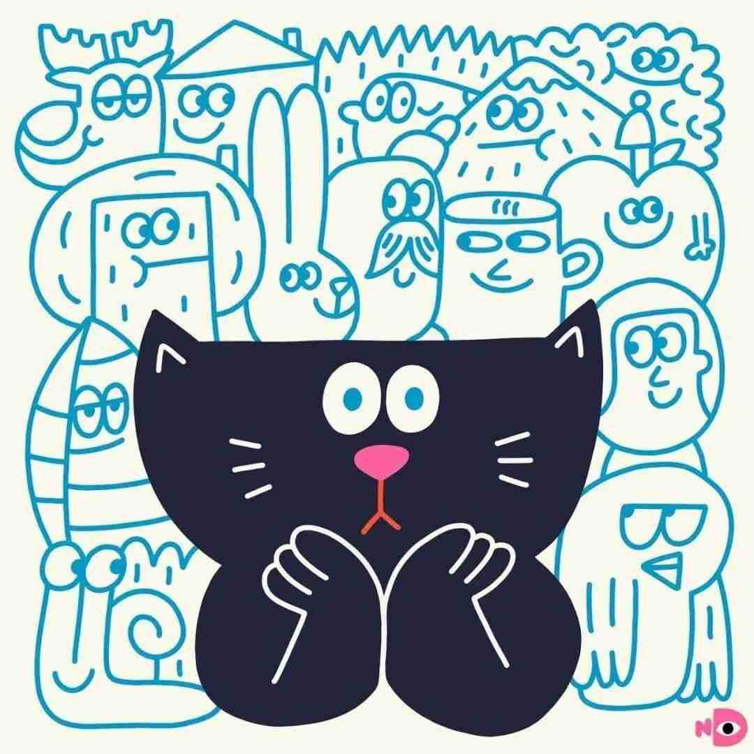 Nina Dzyvulska illustration with a blinking star motif among rounded characters