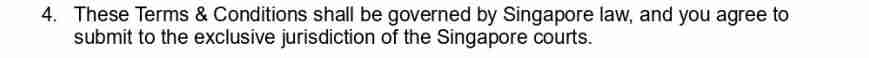 Scanned page with the final terms and conditions clause, stating the competition is governed by Singapore law and the jurisdiction of the Singapore courts