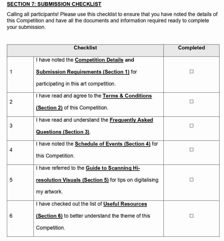 Scanned page with the Section 7 submission checklist table, letting entrants confirm they have reviewed each part of the competition guide
