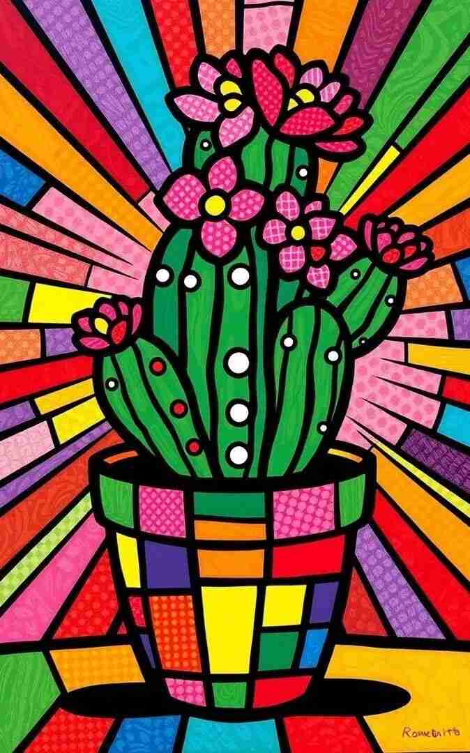 Britto painting of a flowering cactus in a patchwork pot with rainbow rays