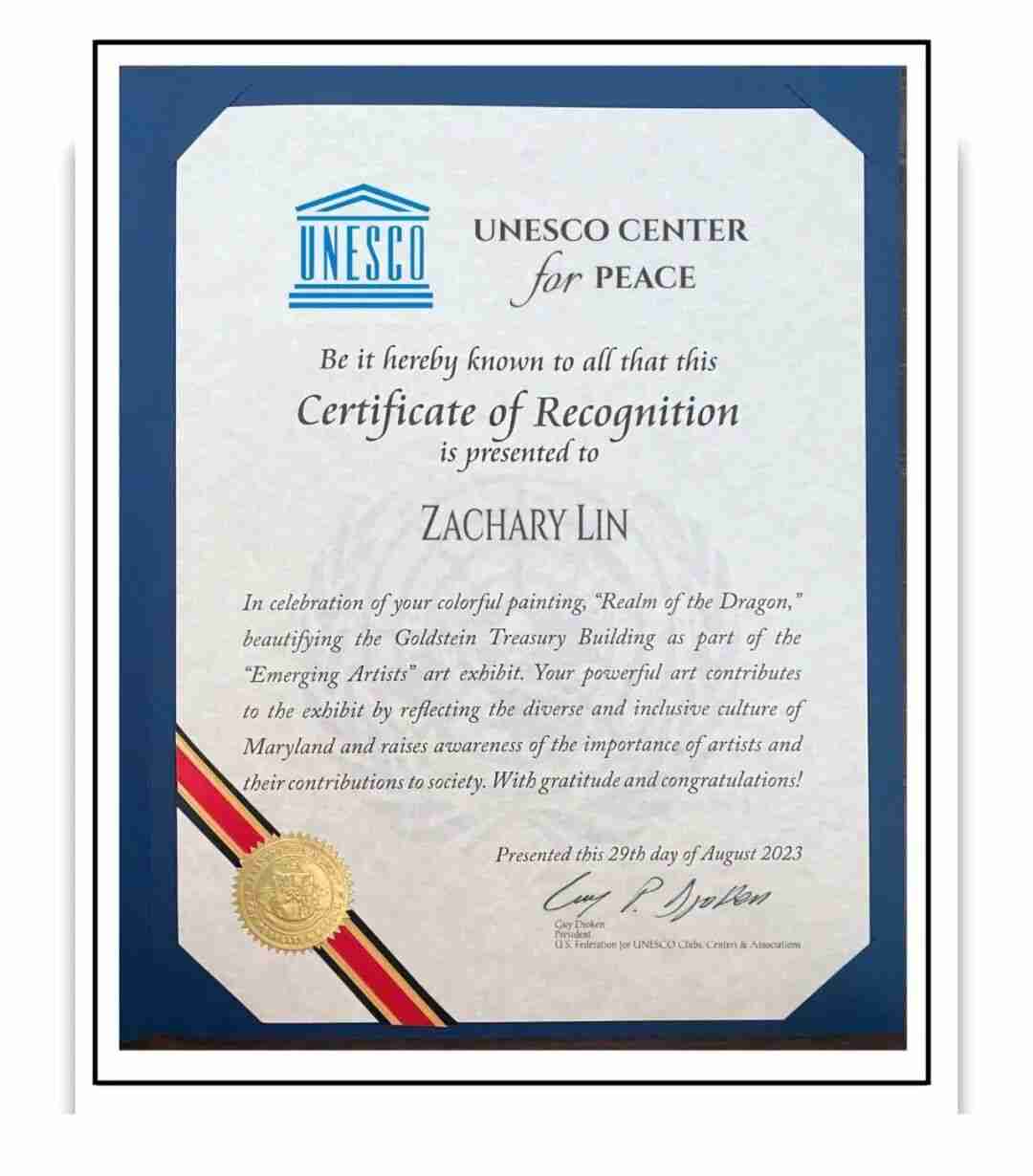 Sample award certificate presented to exhibition winners
