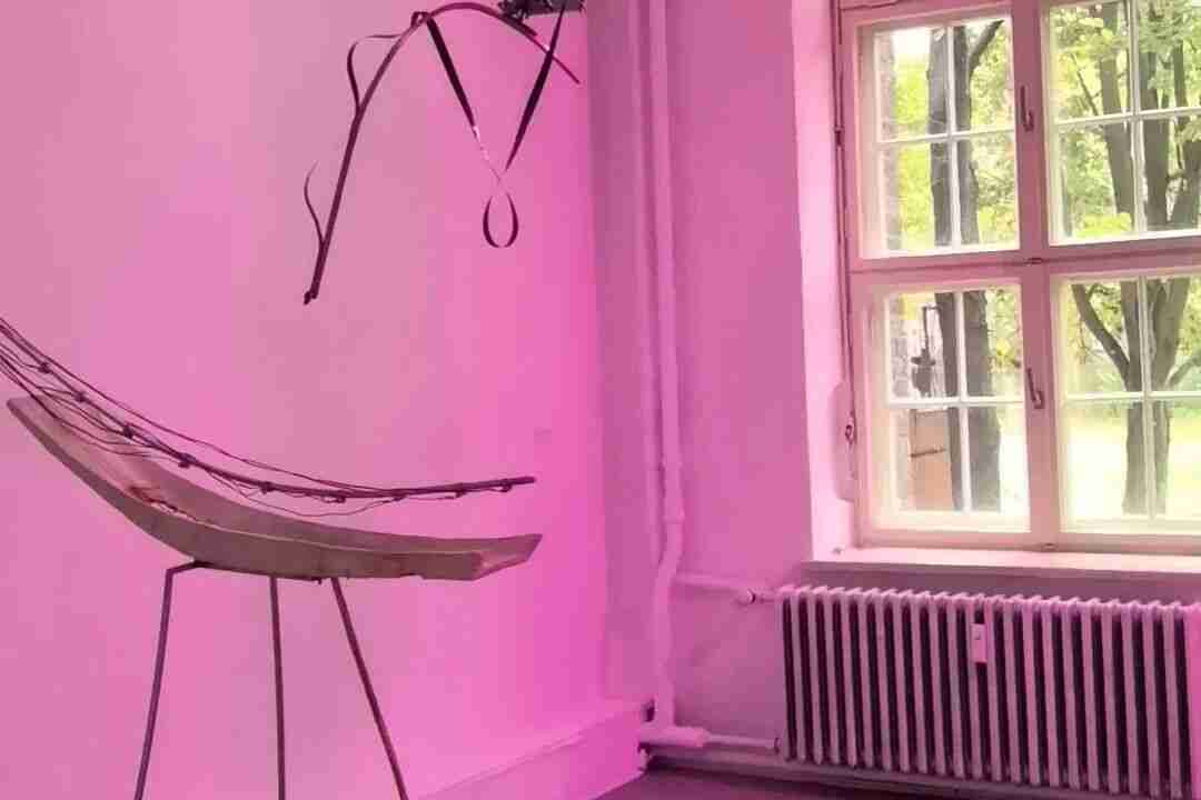 Sculptural installation with a boat-shaped wood-and-wire form suspended in a pink-lit gallery room