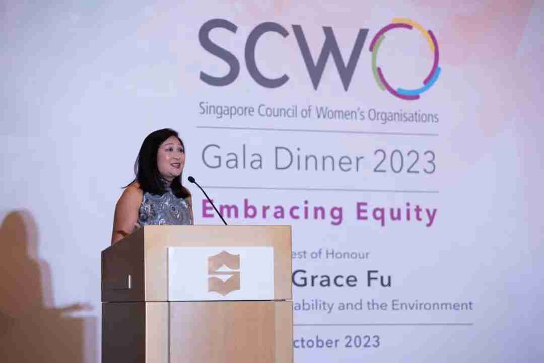 SCWO President Ms Junie Foo speaking at the SCWO dinner