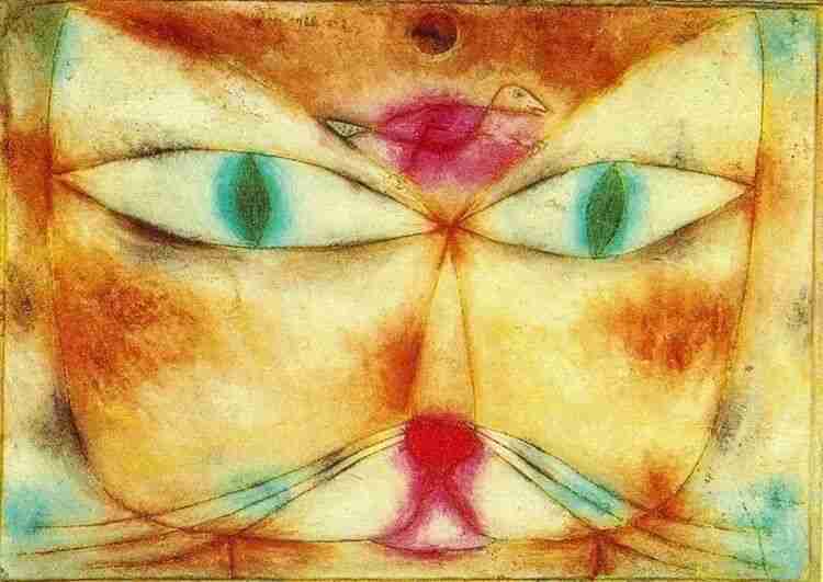 Paul Klee's painting Cat and Bird, depicting a cat's face with a small bird outlined on its forehead