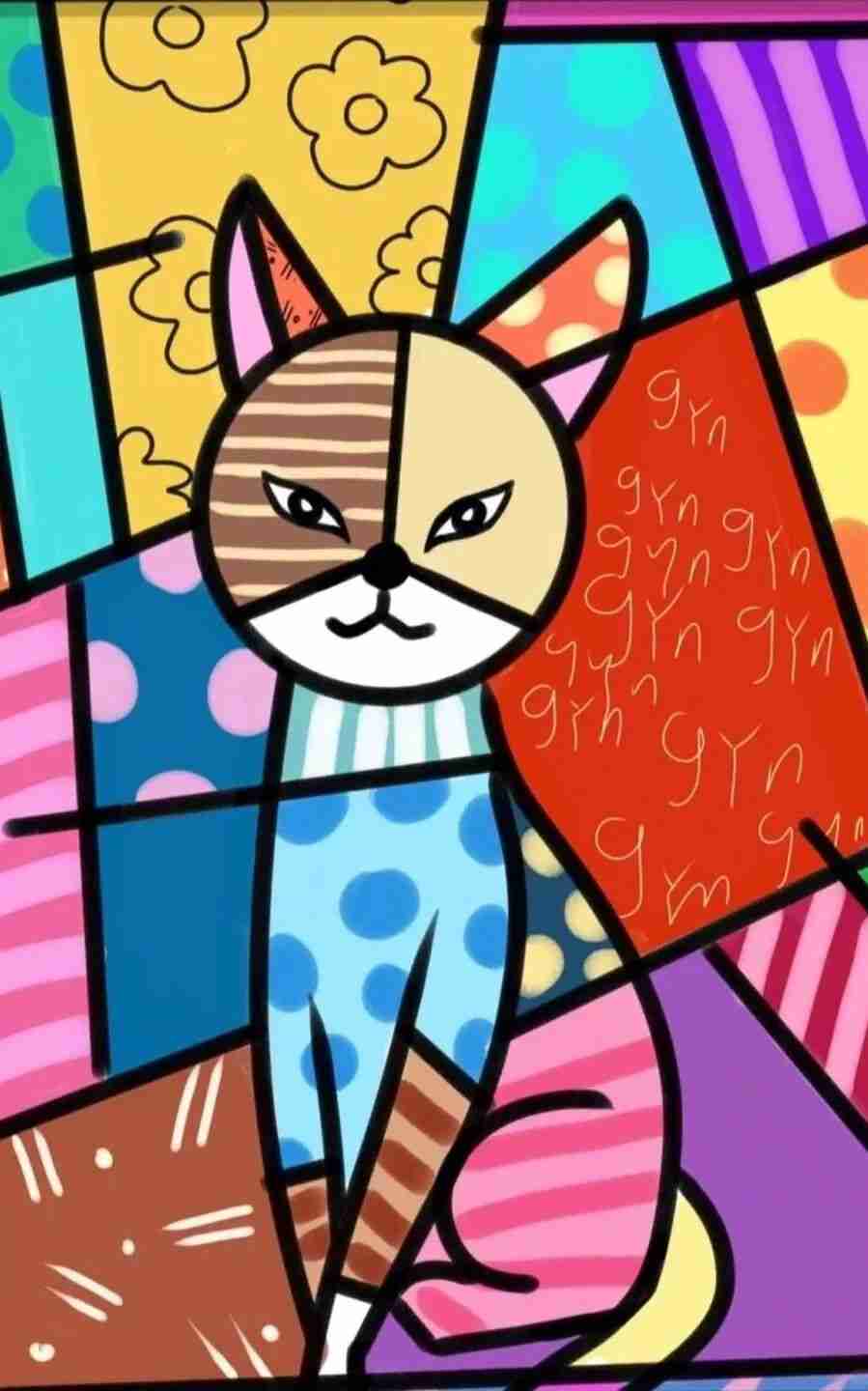 Britto painting of a patchwork cat against colour-block panels
