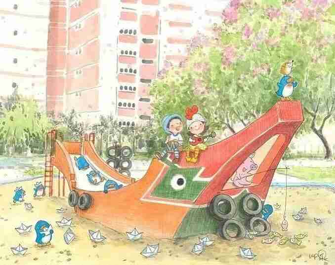Illustration by Ah Guo of two children playing on a boat-shaped playground slide with penguin and hedgehog characters near HDB flats.