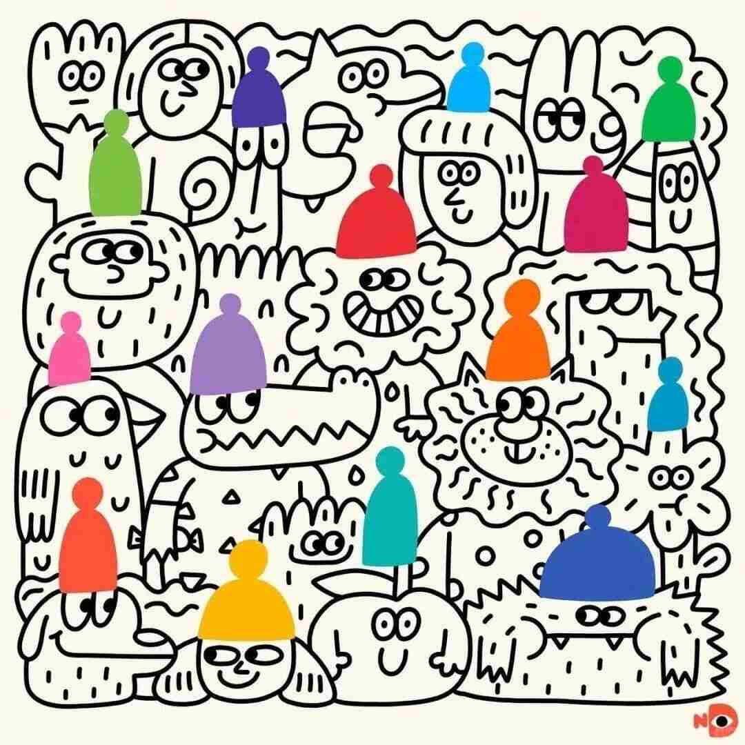 Illustration by Nina Dzyvulska with fluttering, butterfly-like shapes among round characters